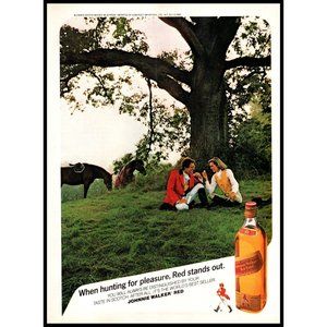 1985 Johnnie Walker Red Label Scotch Vintage Print Ad Horses Picnic Couple Photo